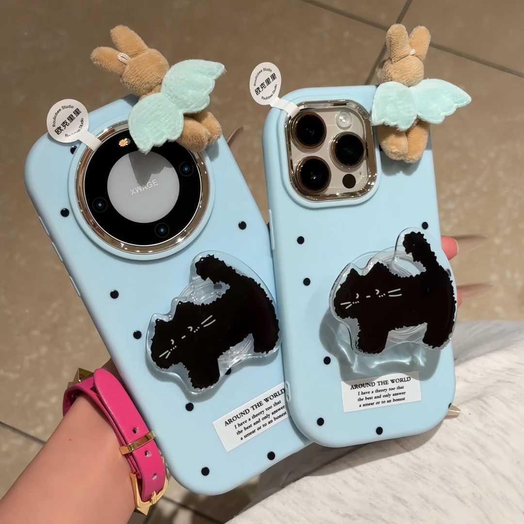 欧克里里波点猫咪黑猫支架小兔贴件苹果16手机壳华为vivo小米oppo