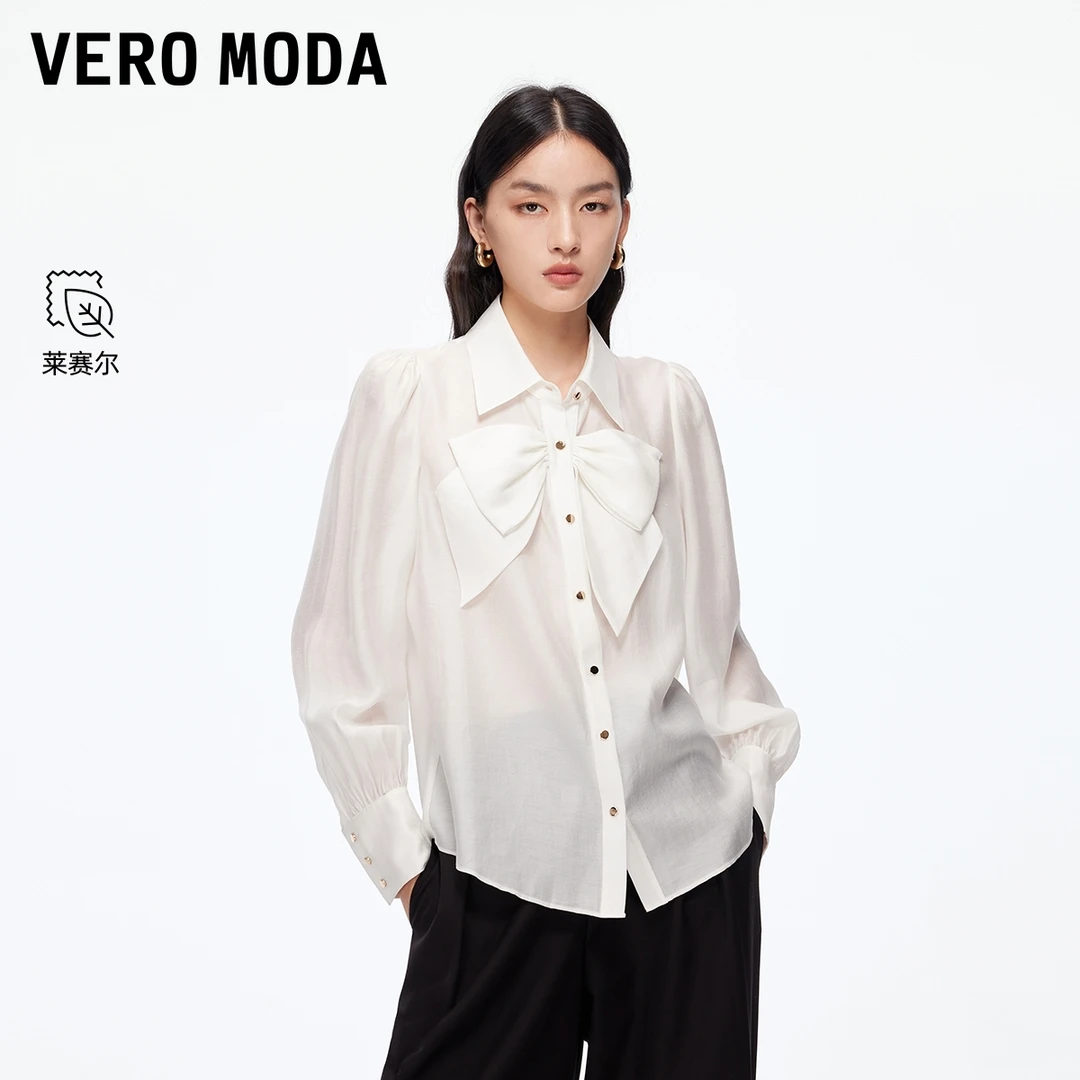 Vero Moda衬衫女2025秋冬新款翻领蝴蝶结纽扣衬衫遮肉百搭老钱风