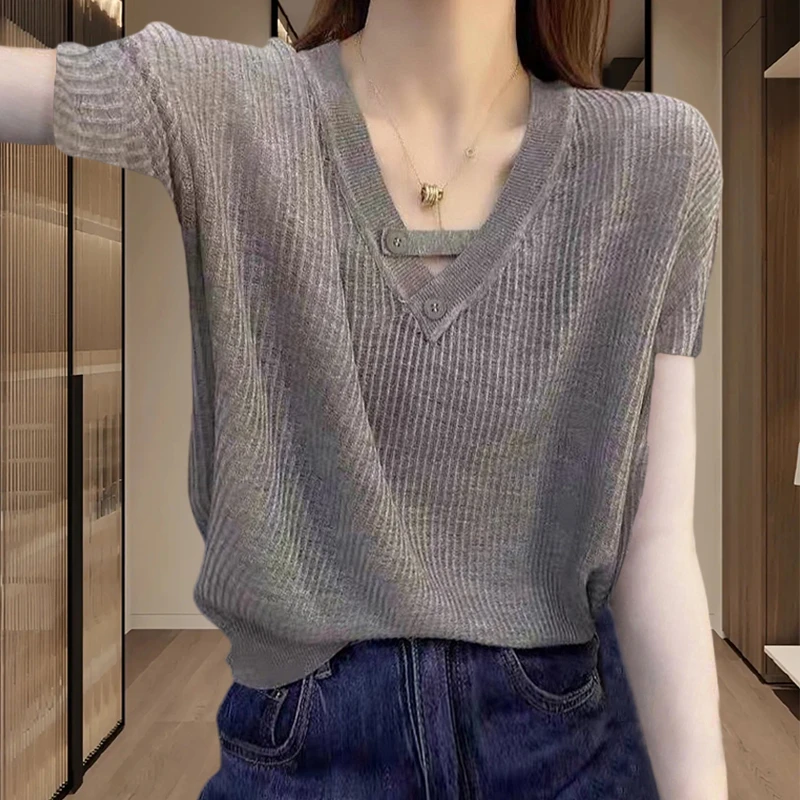 洋气设计感V领短袖t恤女2025夏季新款时尚百搭气质针织衫打底上衣