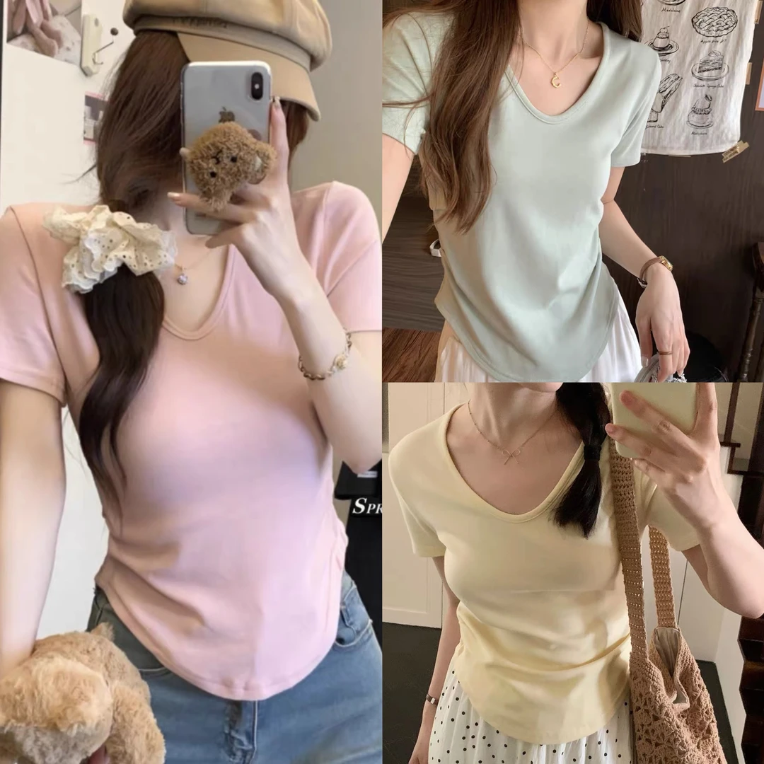 （两件更划算）收腰短袖t恤女设计感夏季百搭显瘦时尚修身打底上衣