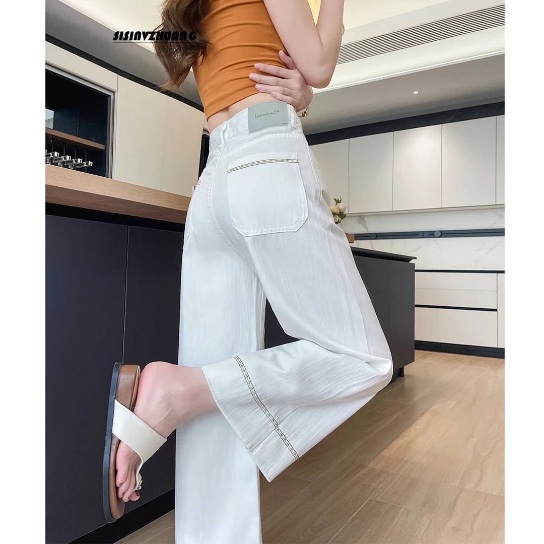欧货白色阔腿牛仔裤女新款2025夏秋高腰宽松刺绣小个子九分直筒裤