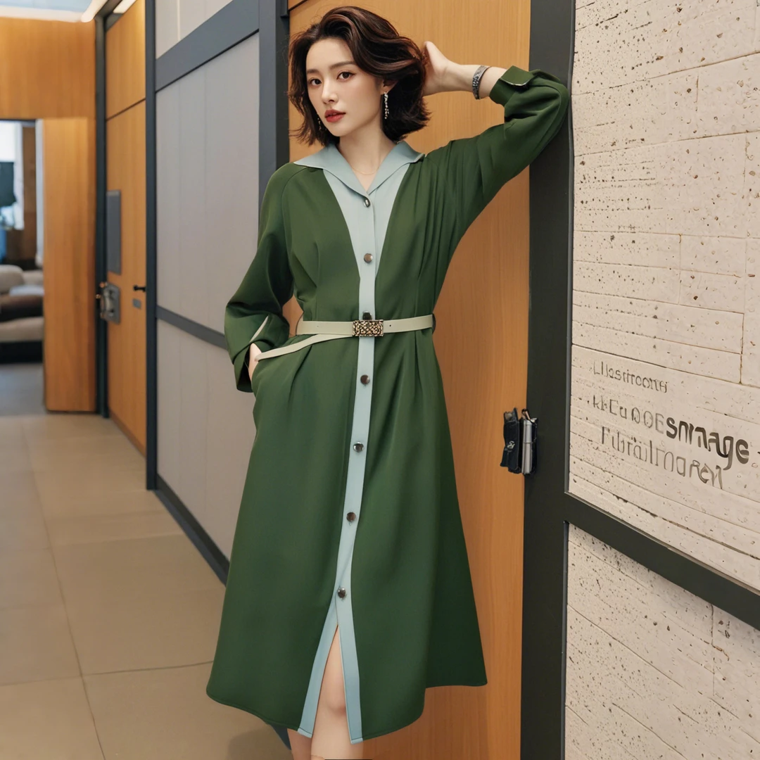 A【送腰带】新款气质复古撞色赫本风长袖收腰系带衬衫连衣裙D0513