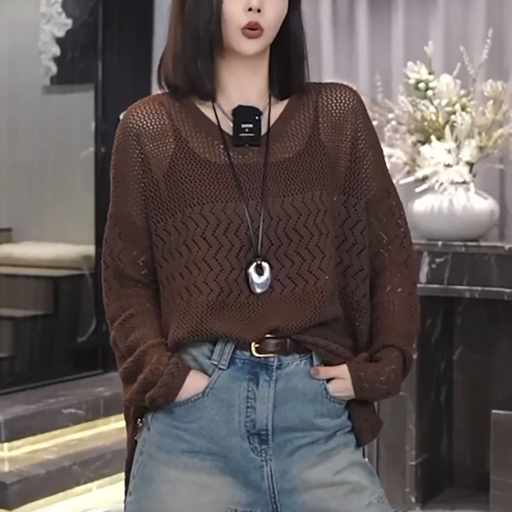 早秋新款女美拉德镂空针织衫宽松慵懒风显瘦薄款长袖防晒罩衫上衣