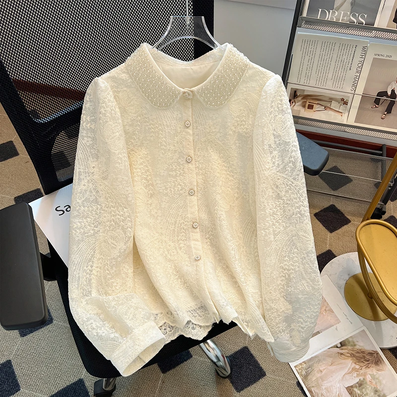 春秋新款法式钉珠翻领蕾丝衬衫小香风重工长袖显瘦百搭打底衫上衣