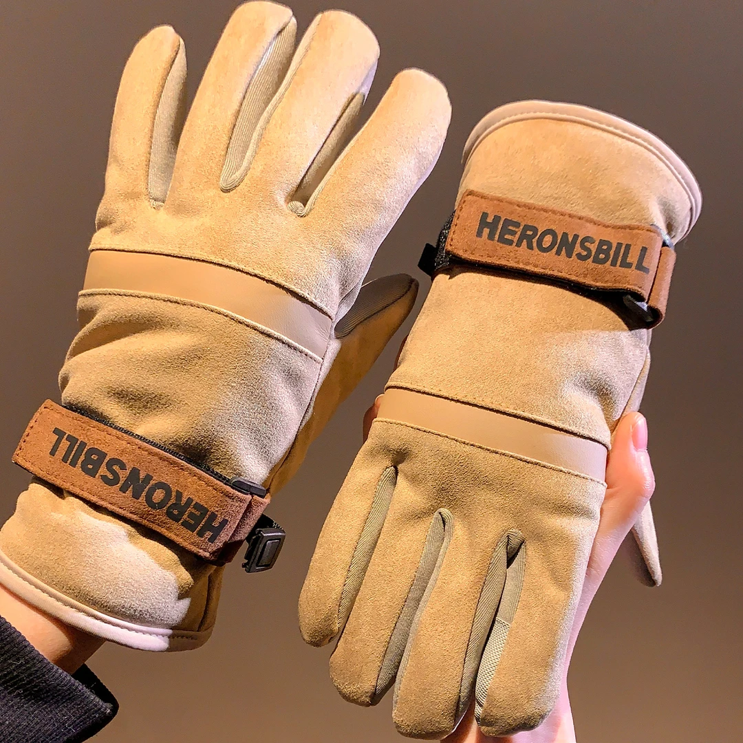 麂皮绒骑行五指手套女士冬季加绒加厚保暖防寒骑电瓶车摩托车男潮