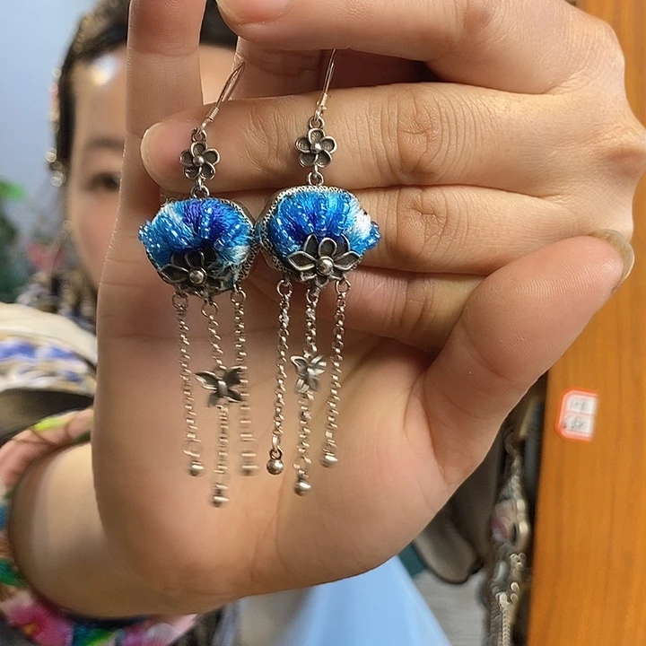 非金属花岗石纯铜布艺古法银耳环