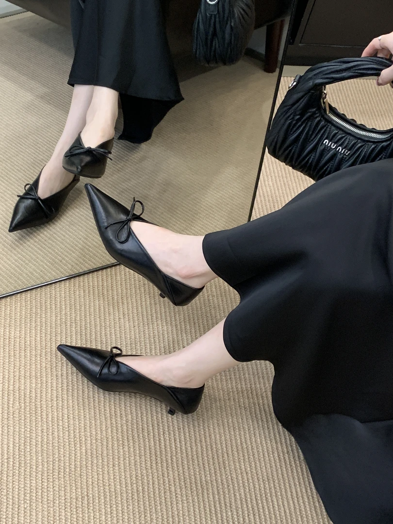 【原创】1313温柔气质配裙子尖头金色蝴蝶结高跟鞋女浅口百搭小猫跟