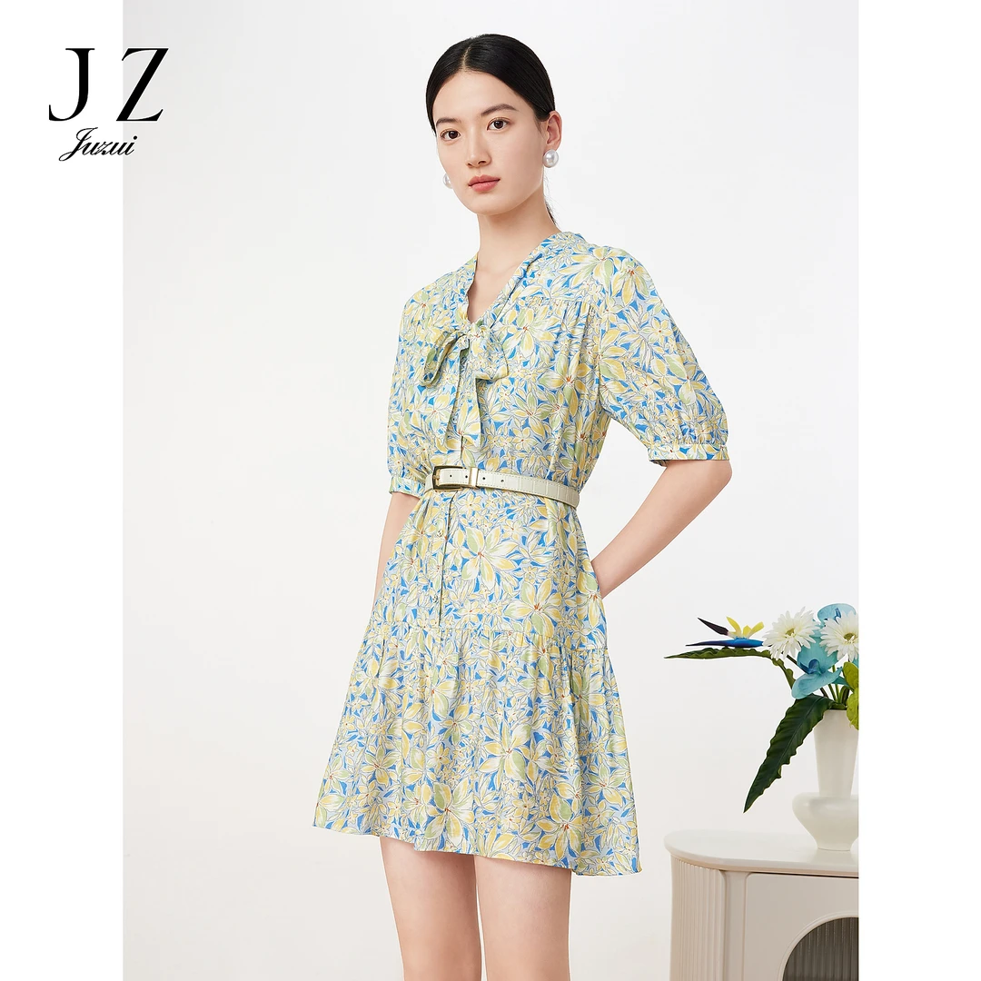 【安雅专属】JZ玖姿JTDX50184多巴胺法式花卉印花系带中长连衣裙