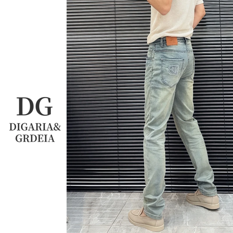 DG迪嘎雅男士直筒牛仔裤027春夏弹力薄料水洗蓝做旧牛仔裤