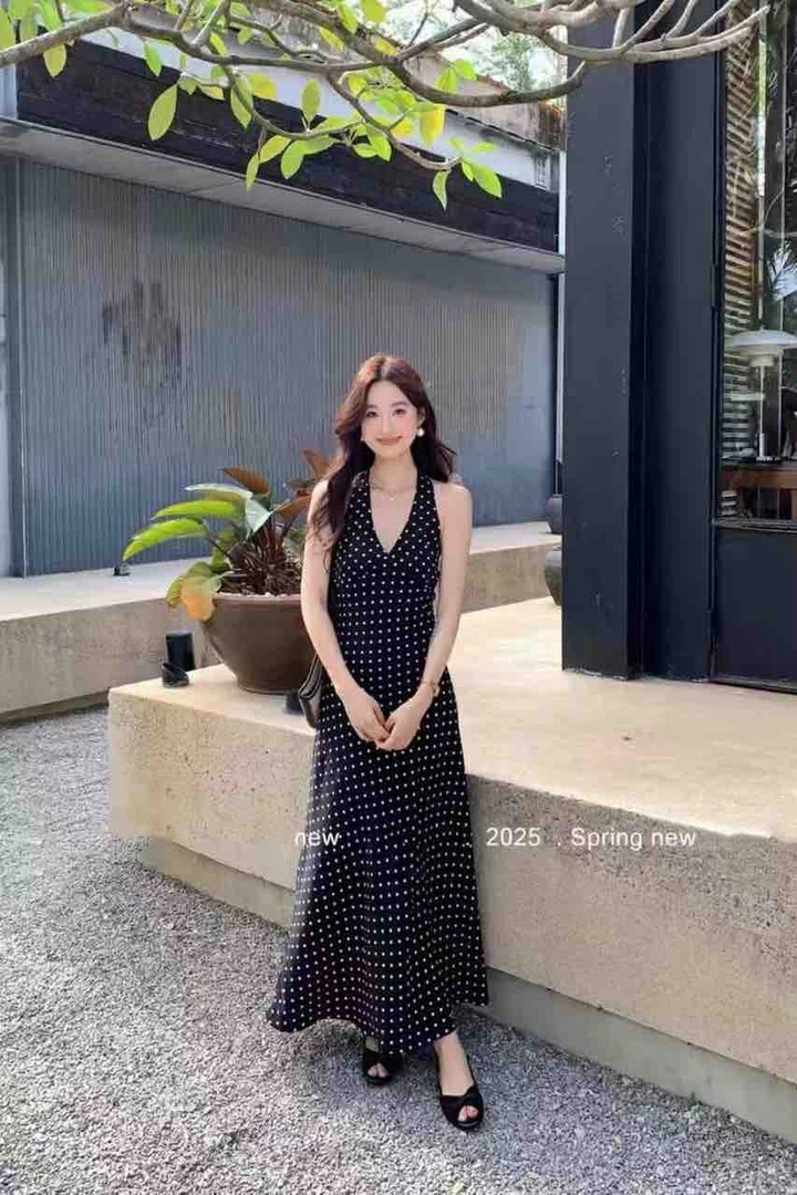 波点吊带裙无袖礼服拼接连衣裙法式波点高腰连衣裙