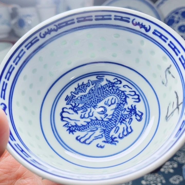 青花玲珑5寸饭碗龙纹