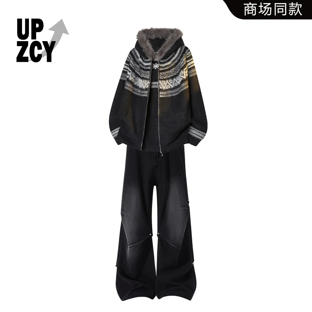 UPZCY美式街头复古潮流针织毛衣套装205年冬季男士新款水洗牛仔裤