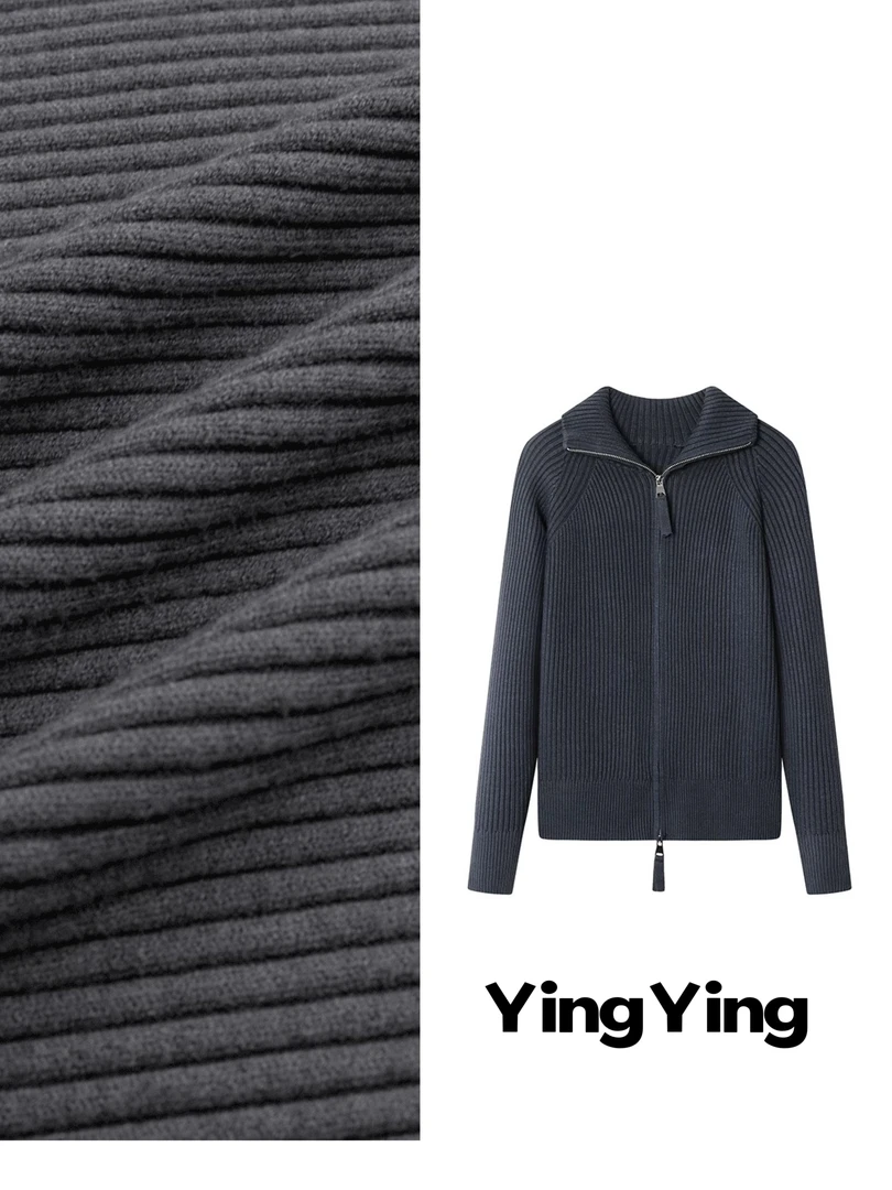 2025春季新款休闲百搭翻领立领双拉链纯色坑条针织开衫毛衣