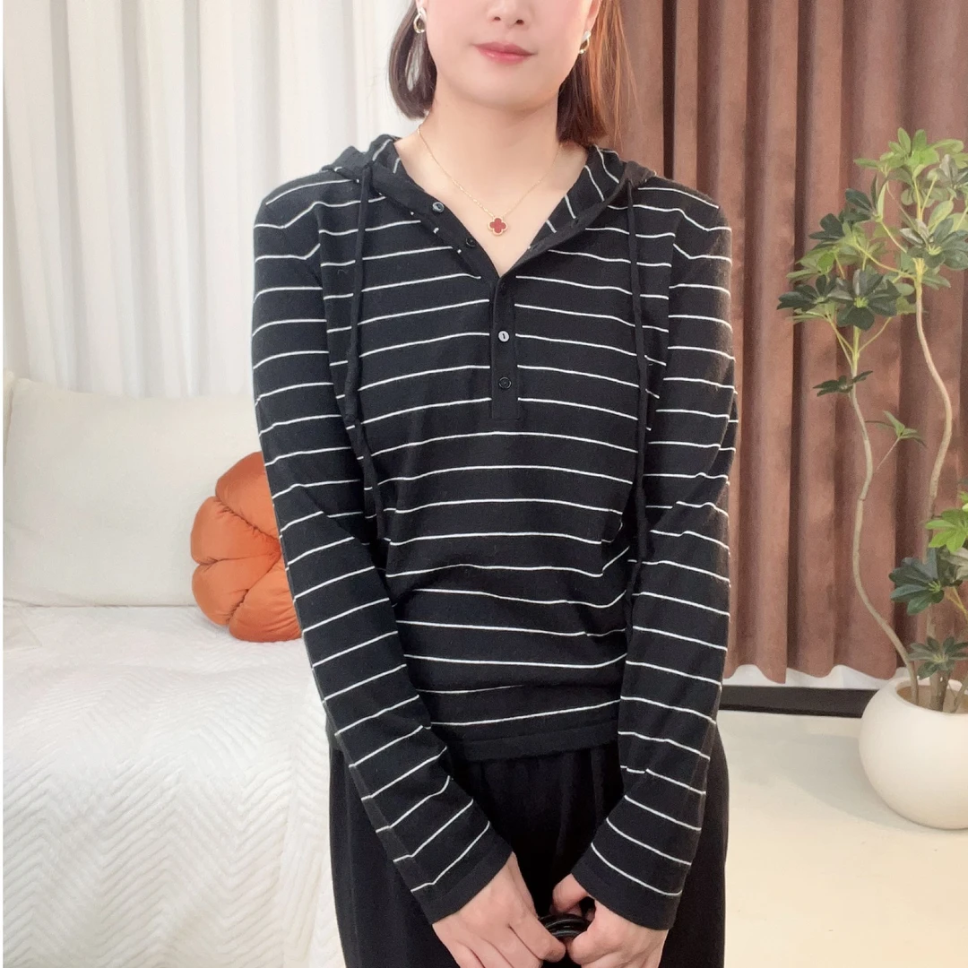 2025春夏新款长袖内搭打底衫韩系上衣条纹连帽针织衫女装