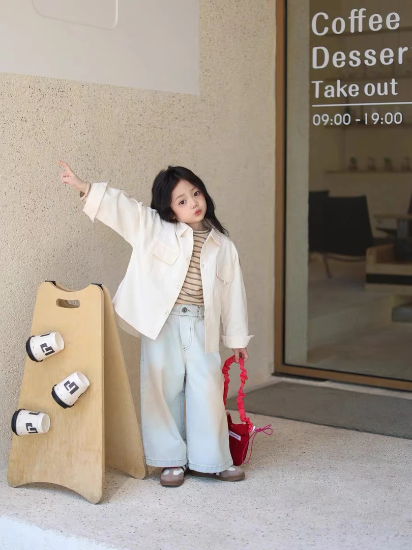 女童套装秋装2025新款儿童洋气韩版外套衬衫打底衫宝宝阔腿牛仔裤