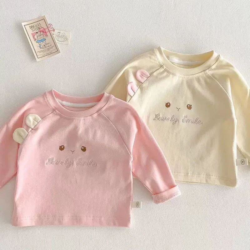 女童长袖T恤春秋款洋气童装宝宝撞色耳朵超萌打底衫婴儿春装