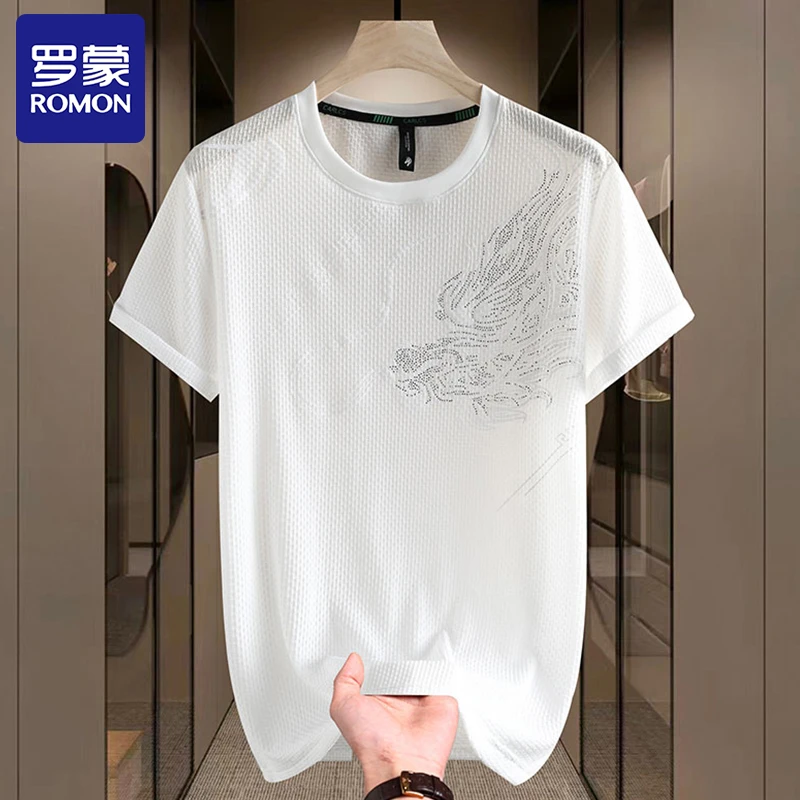 Romon/罗蒙夏季冰丝短袖t恤男士龙纹透气圆领时尚休闲薄款T恤小衫