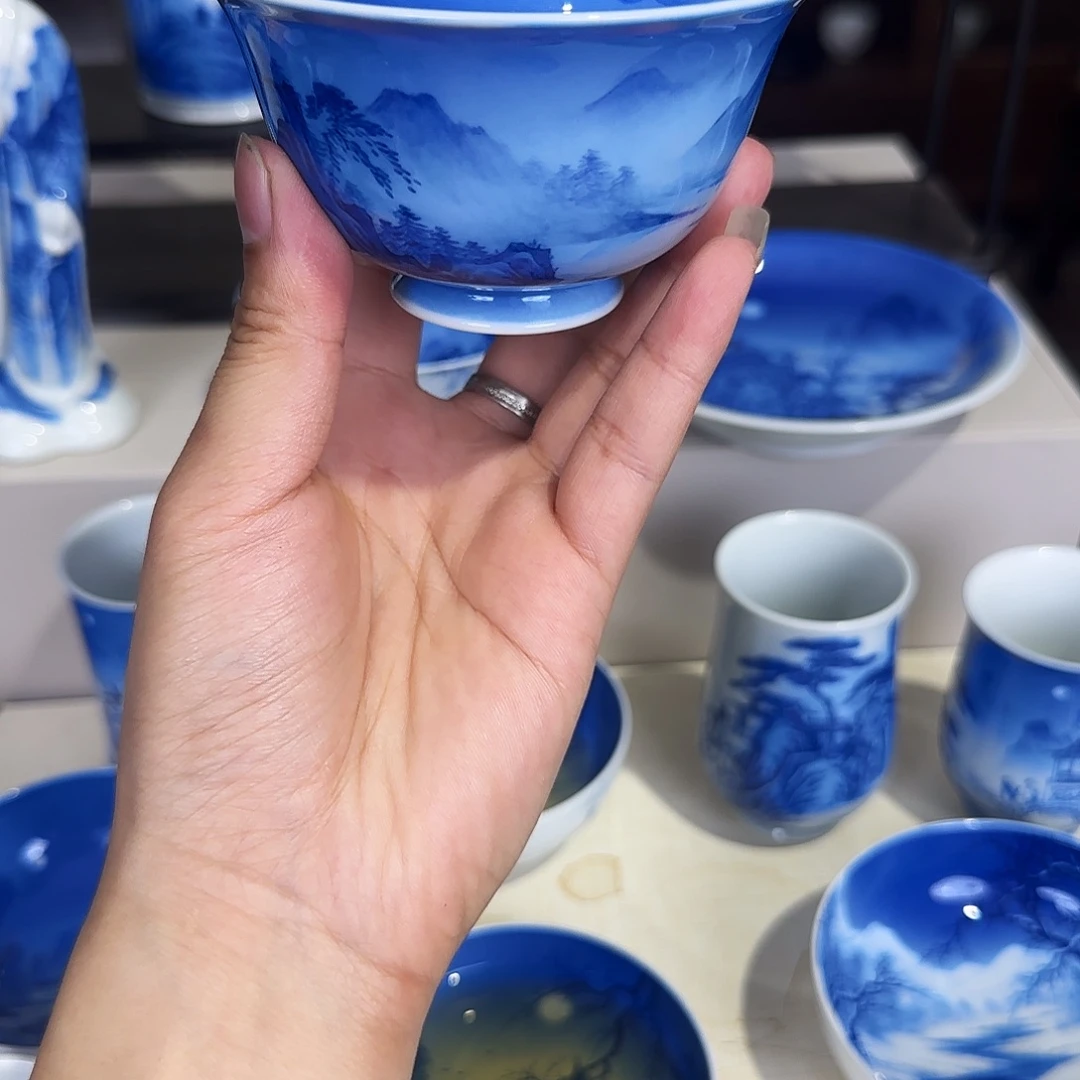 @***@青花山水夜景盖碗