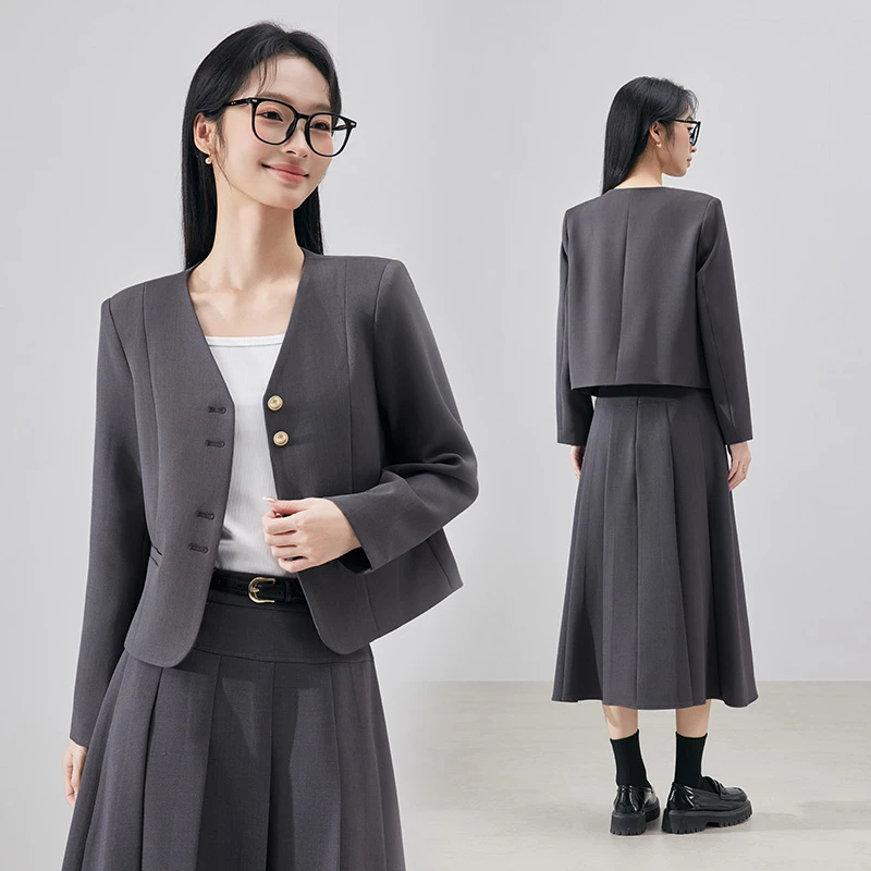 灰色短款西装外套女高级感小个子大学生教资面试职业正装西服套装