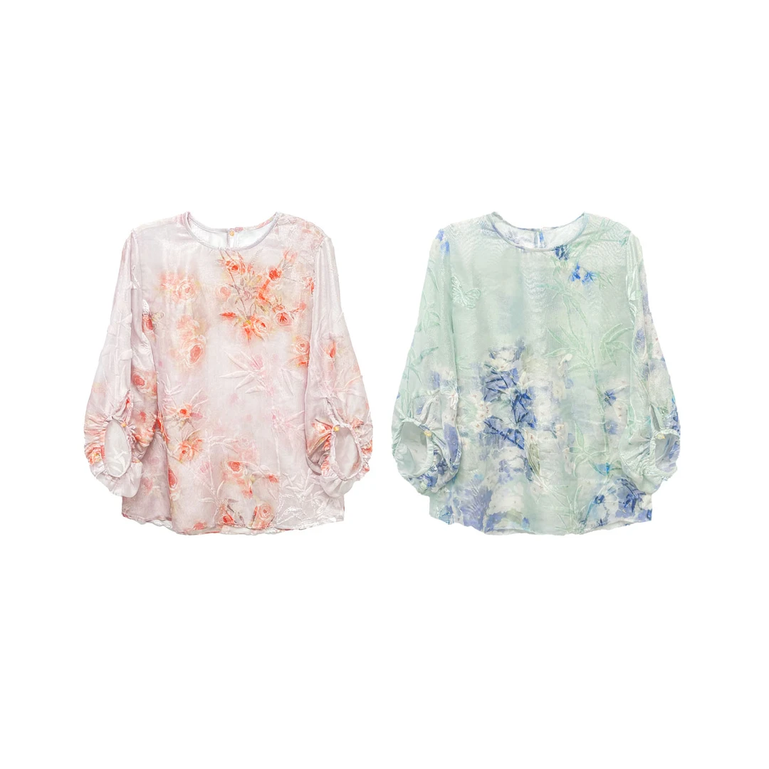 【橙庐】167007原创新中式织金竹叶提花丝绒马蹄袖上衣 桑蚕丝国风