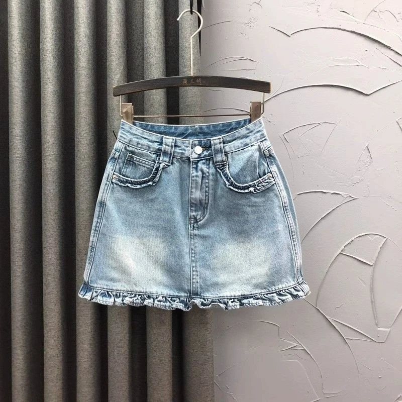 【TT专属】浅色高腰牛仔短裙女夏天个性辣妹木耳边字半身包臀裙子