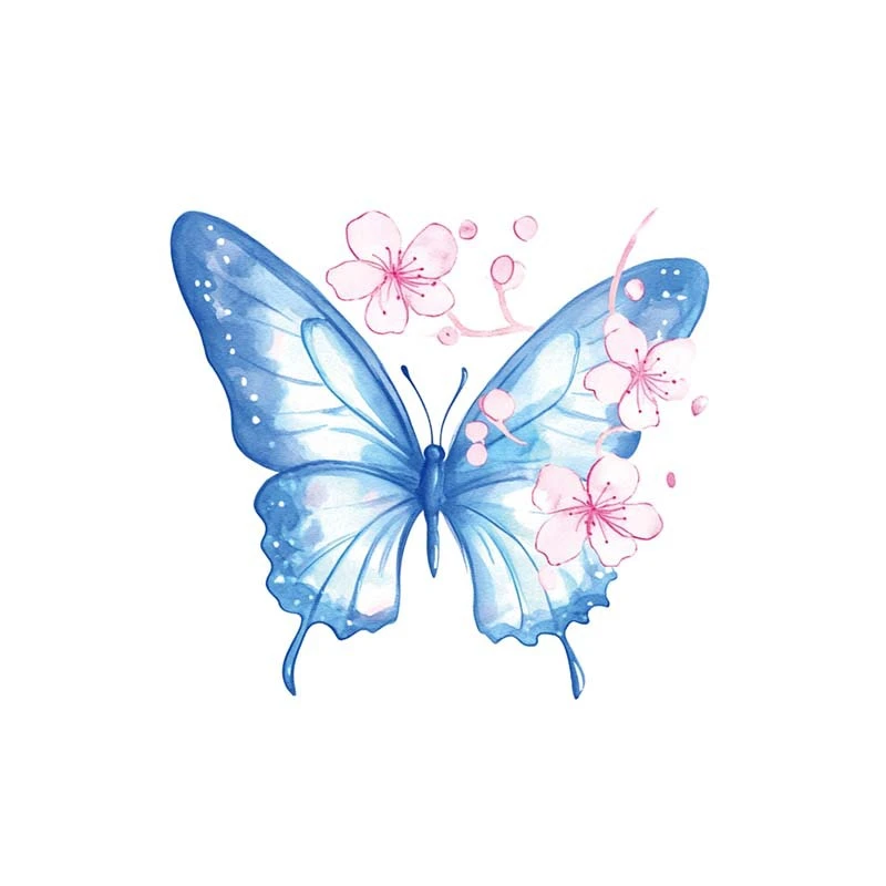Tattoo sticker多巴胺彩色手绘纹身贴蓝樱蝴蝶防水纯欲可爱贴纸