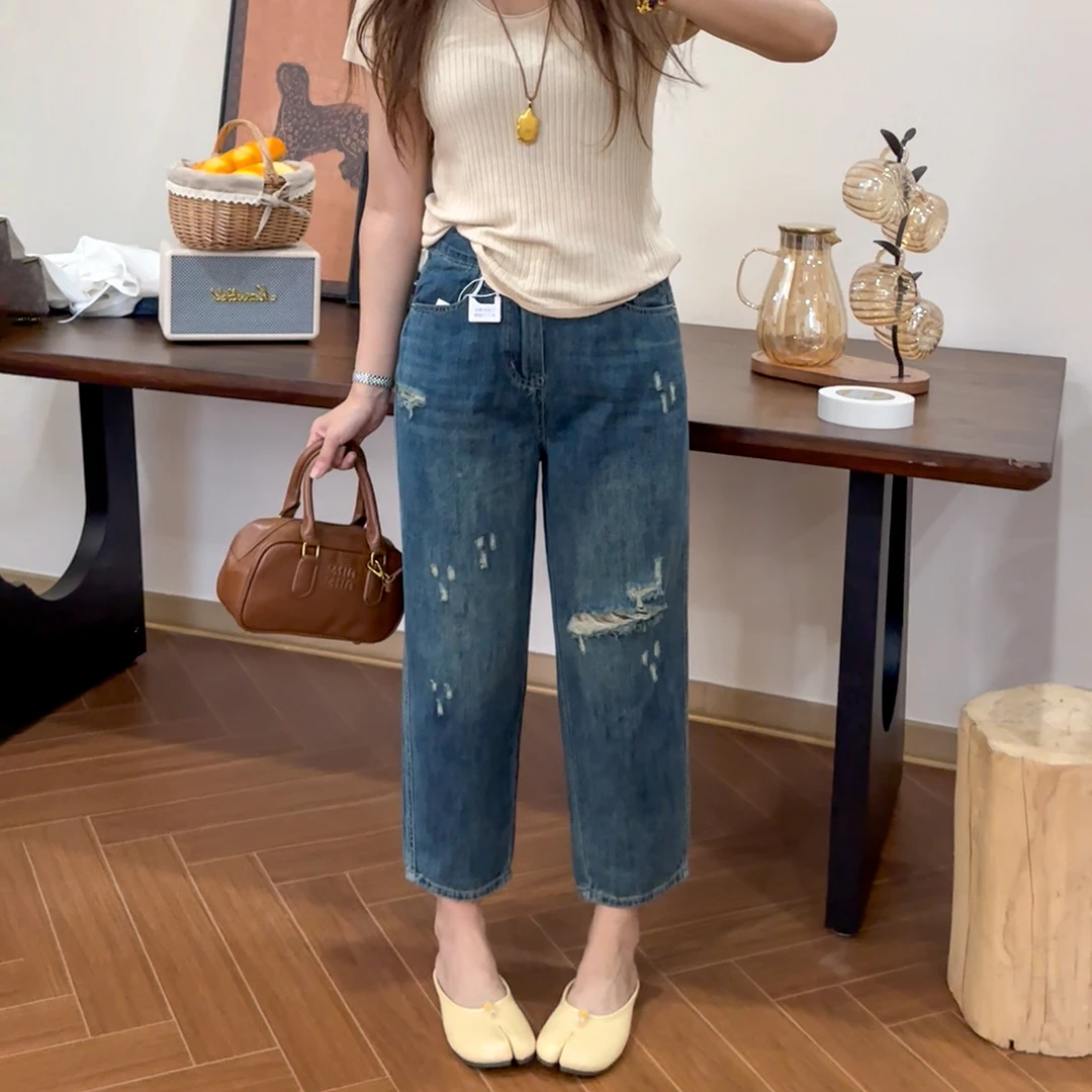 大码破洞牛仔裤女夏季薄款胖mm梨形身材高腰宽松显瘦哈伦老爹裤子