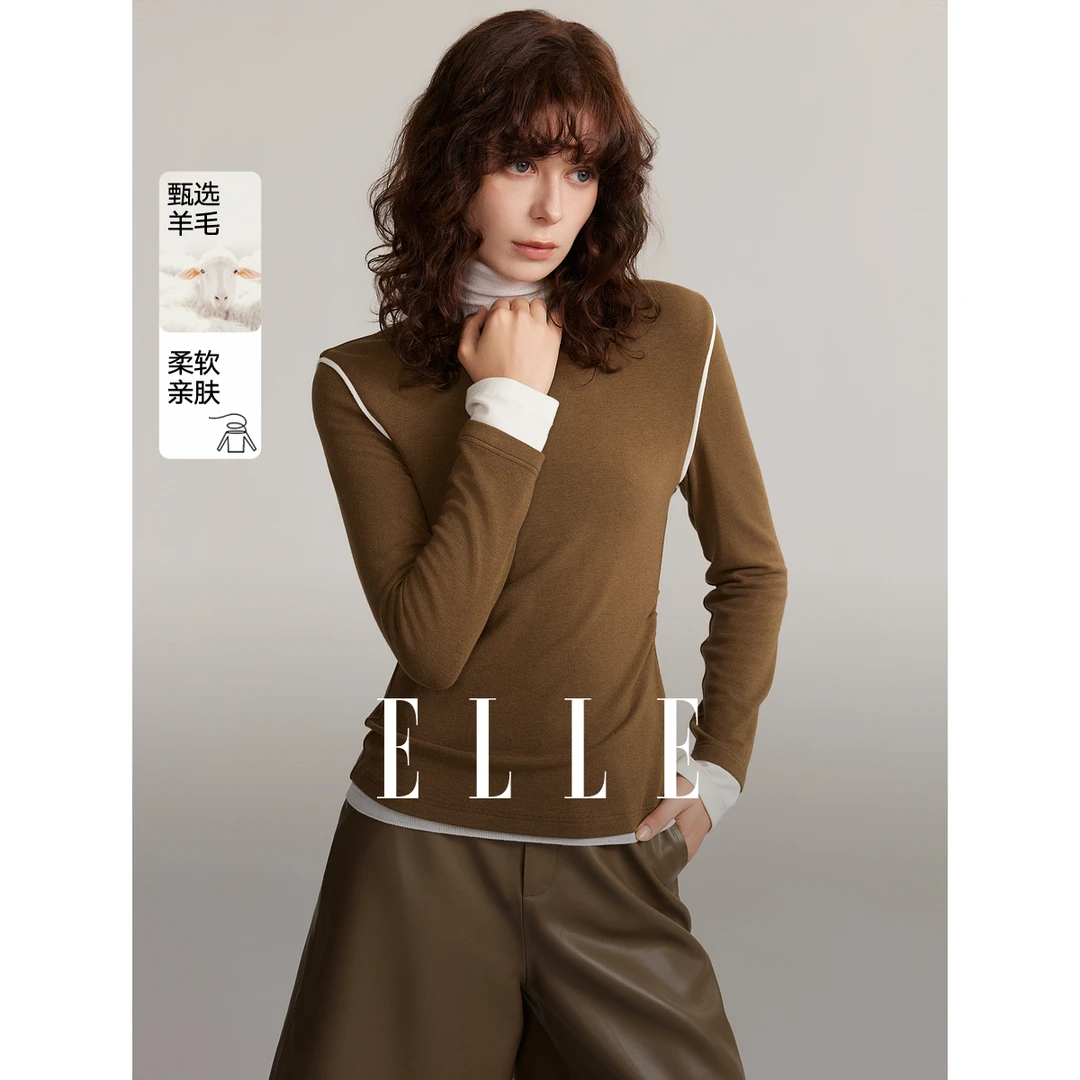 ELLE撞色拼接长袖T恤2024冬季新款雅丹风针织百搭修身柔软ET49770