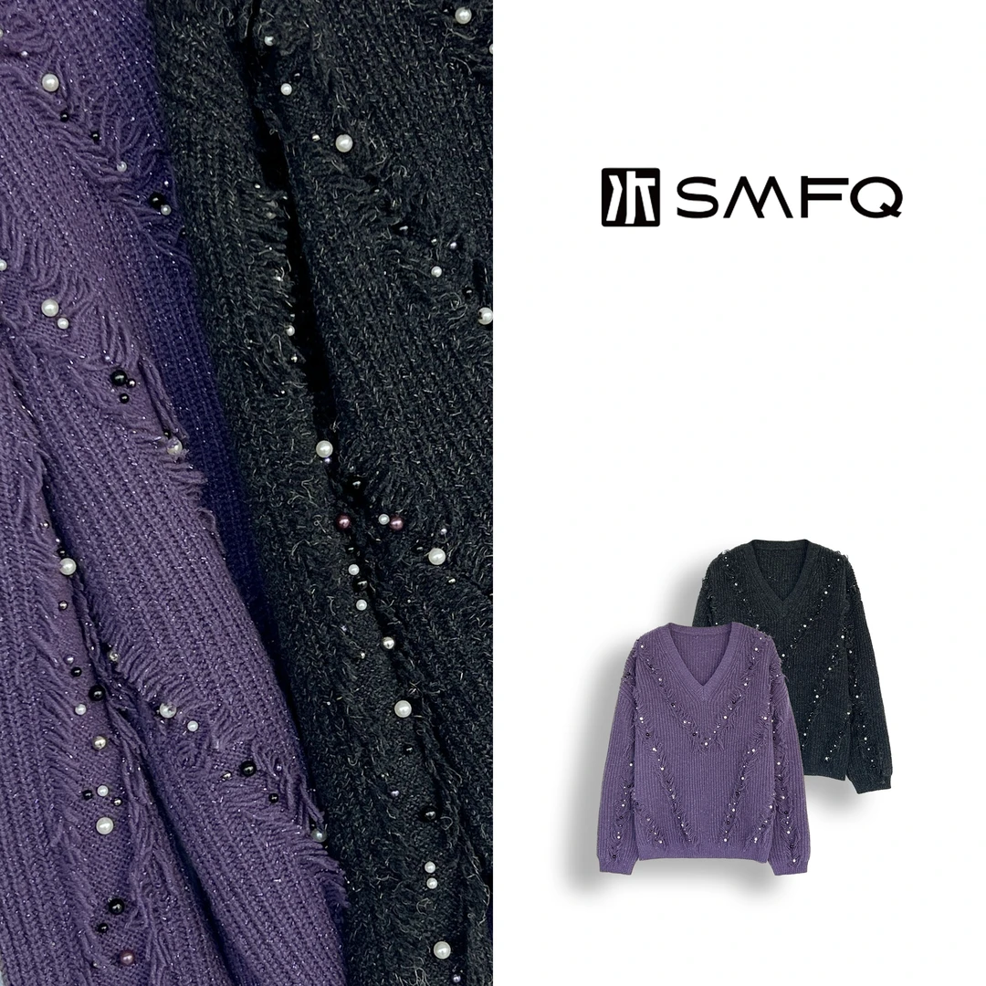 水木夫妻 ”珍珠探戈“100%全羊毛手工钉珠流苏设计针织毛衣