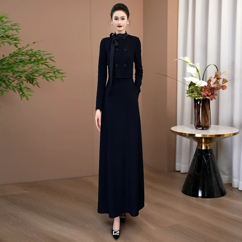 藏蓝色冬季加厚女款连衣裙2025年气质显瘦正式场合穿的长裙118