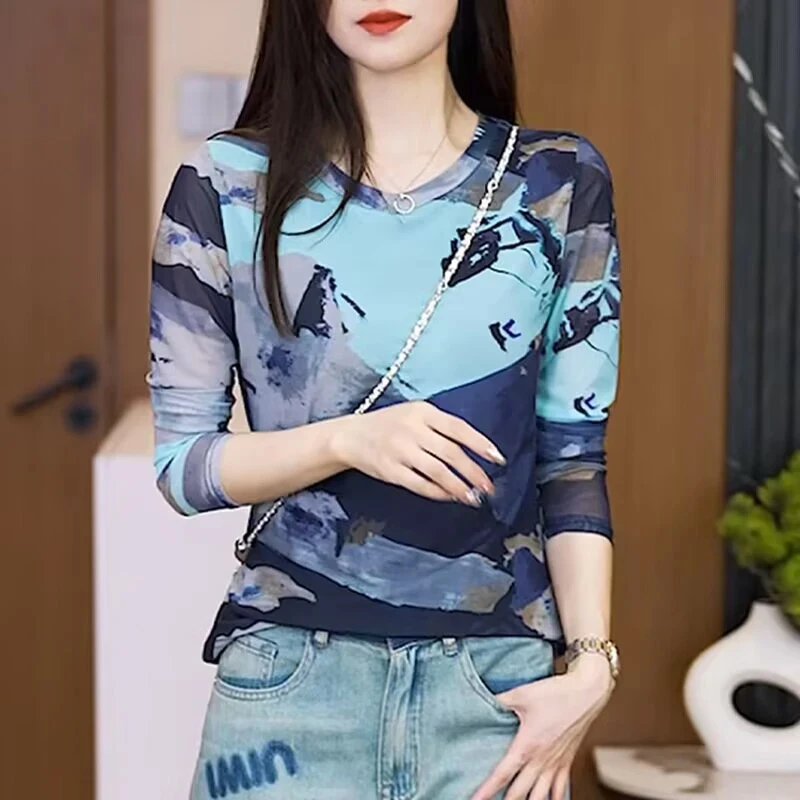 显瘦撞色2024夏秋长袖T恤女网纱薄款休闲百搭圆领水墨印花上衣潮