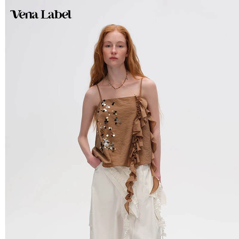 Vena Label 25PF新款 复古钉珠手缝亮片吊带上衣女夏季无袖吊带衫