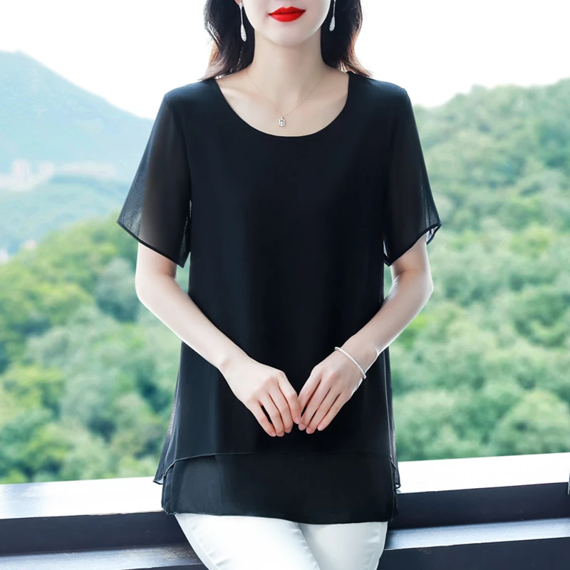 中长款雪纺衫女短袖2025夏季新款宽松遮肚子小衫洋气显瘦妈妈上衣