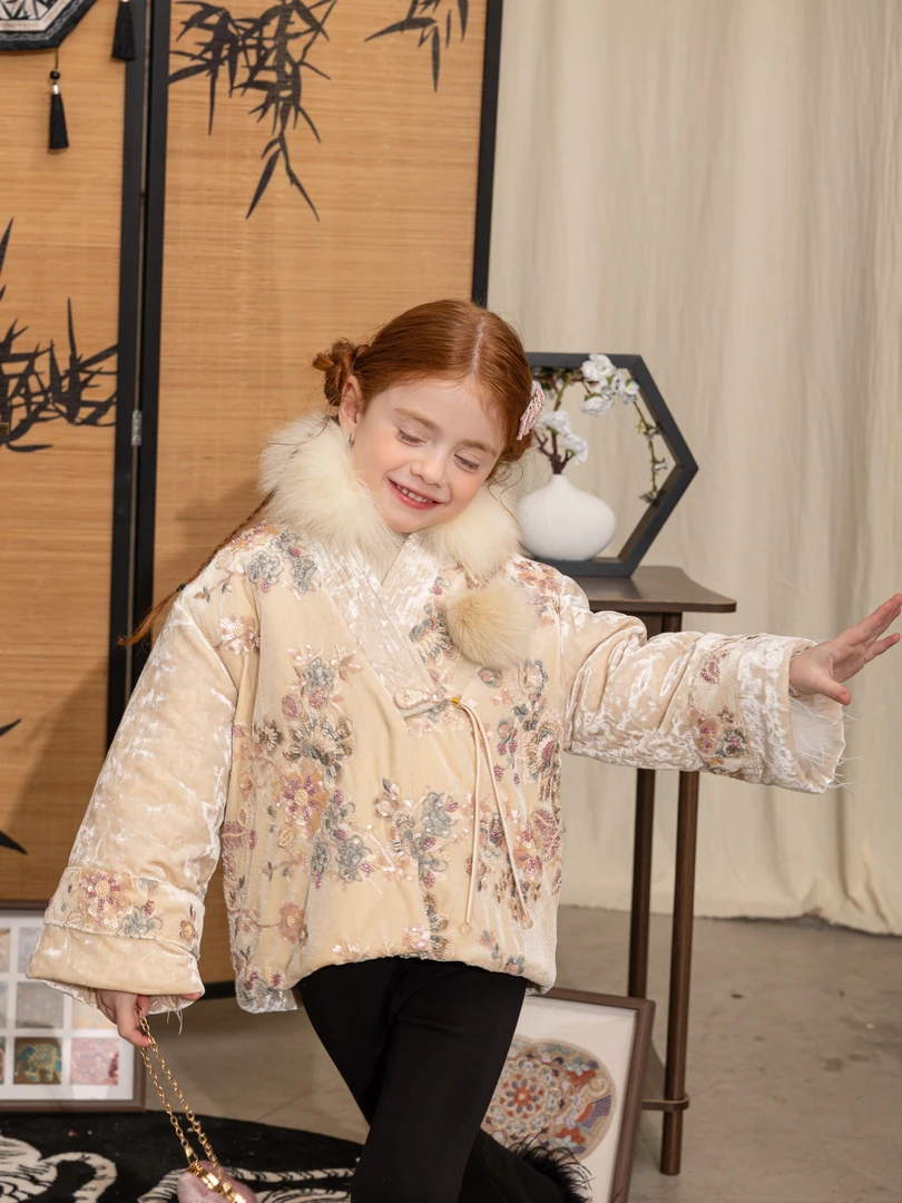 【BA黎家-674】2025冬季新款女童丝绒花朵刺绣新中式棉盘扣棉服外套