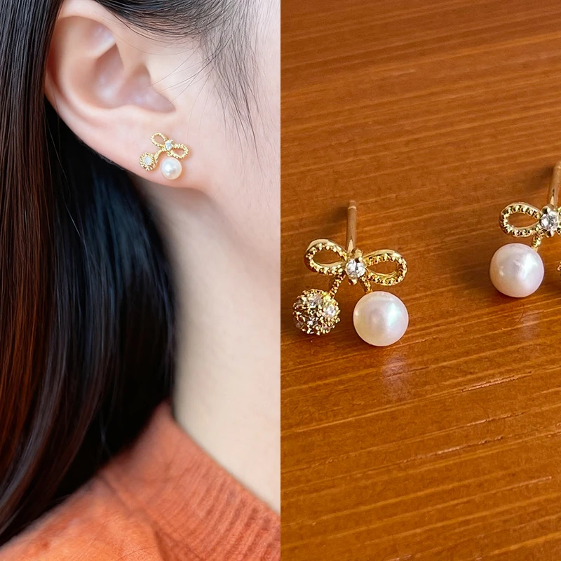 纯铜锆石耳饰 法式轻奢蝴蝶结珍珠耳钉微镶通勤温柔风耳饰860