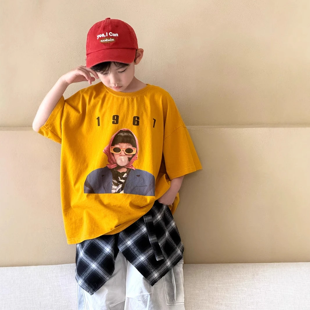 A.MU2025清仓【麦穗】男女童t恤短袖夏新款宽松百搭潮牌炸街洋气