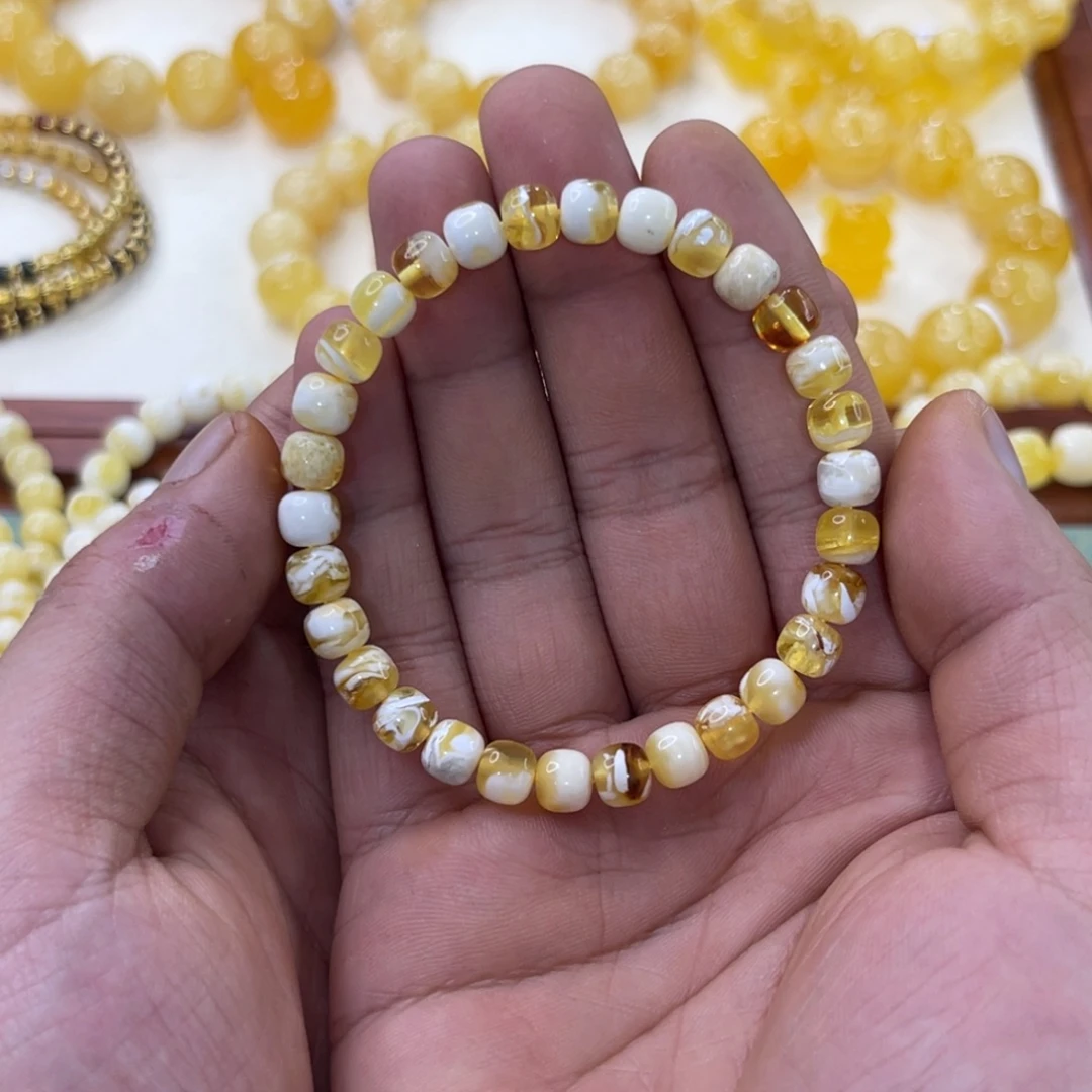手链琥珀未镶嵌蜜蜡7mm瓷白沁色