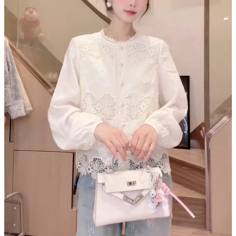 【小沫家】法式蕾丝花边长袖雪纺衫女2025春秋季新款设计感镂空上衣