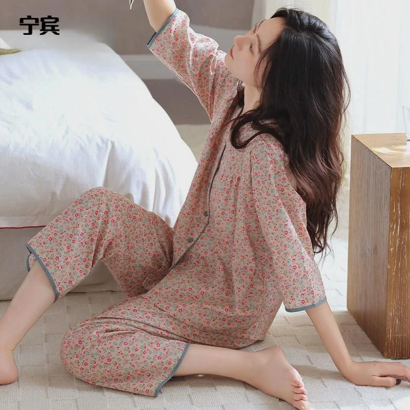 维多利亚睡衣女士春秋款七分袖夏季薄款棉质妈妈加大码家居服套装