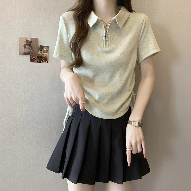 大码正肩Polo领短袖T恤女夏季洋气打底衫微胖mm显瘦短款抽绳上衣