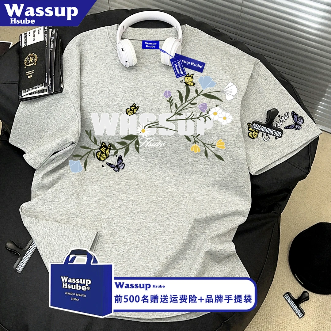 WASSUP HSUBE个性趣味涂鸦印花白灰色短袖T恤男女宽松圆领上衣服
