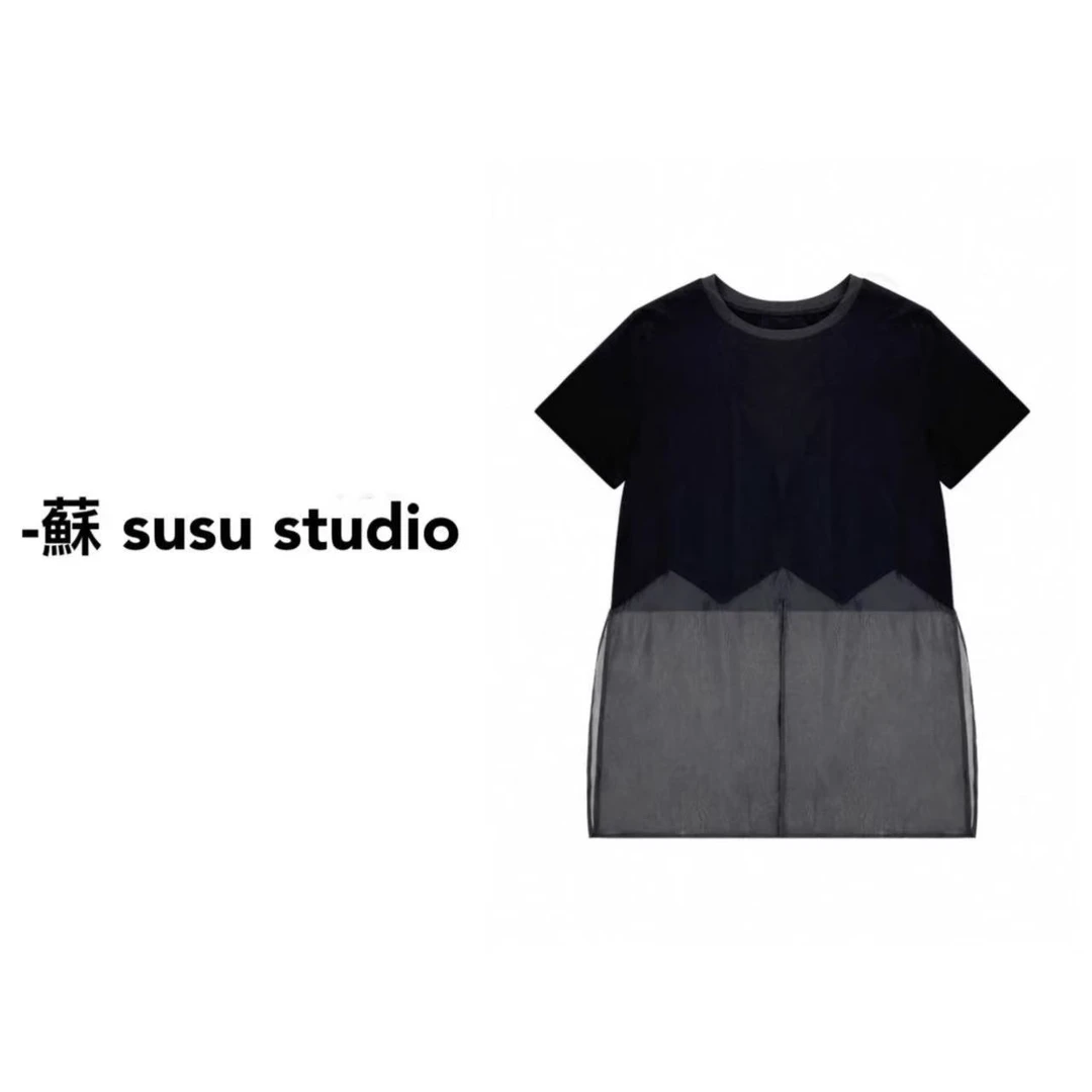 黑色中长款拼接网纱短袖t恤女2025新款夏季宽松显瘦休闲上衣287