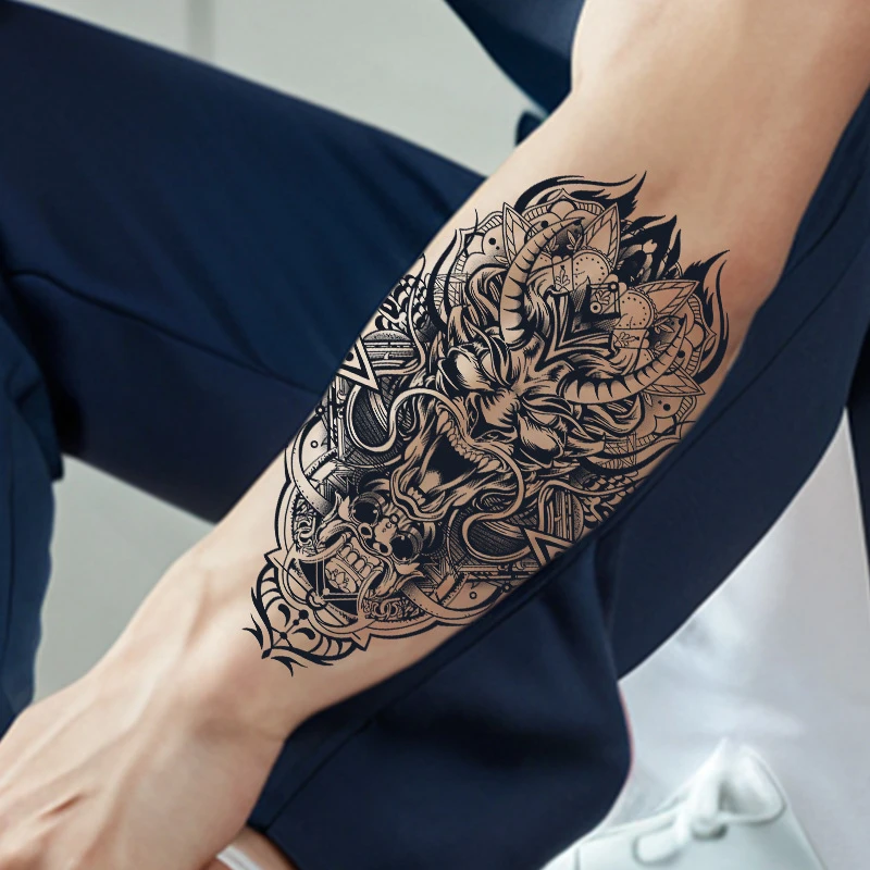 牛角龙头草本纹身贴纸防水持久半永久不反光手臂花臂霸气可洗逼真