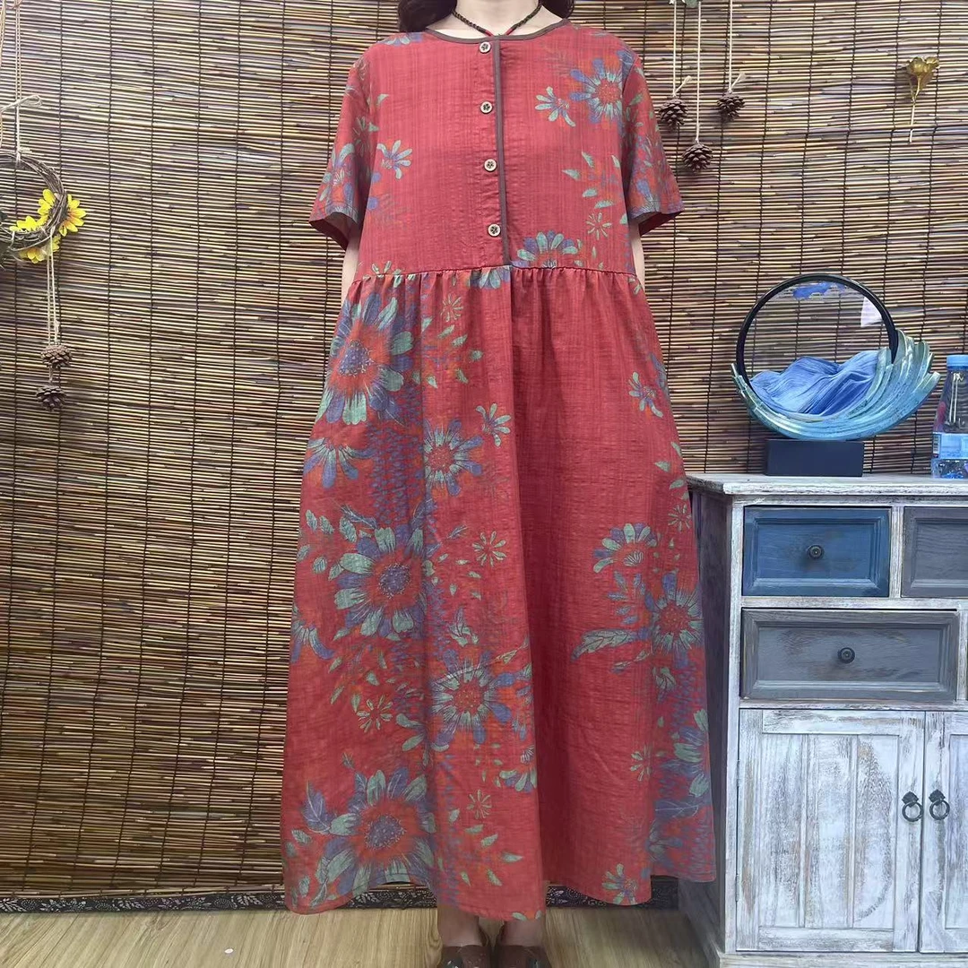 6088夏季新款圆领四粒扣红底花朵大摆连衣裙时尚国风