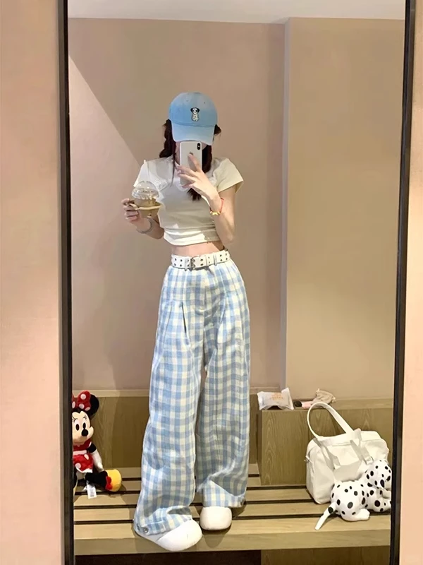 【清货】蓝色休闲阔腿裤女夏季薄款格子高腰显瘦宽松垂感直筒裤