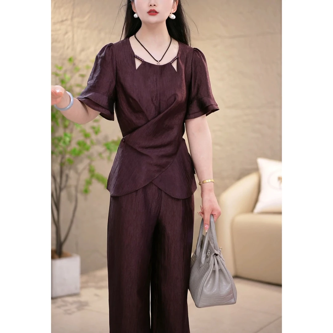 时尚气质套装裤女2025夏季新款洋气显瘦遮肉上衣高腰阔腿裤两件套