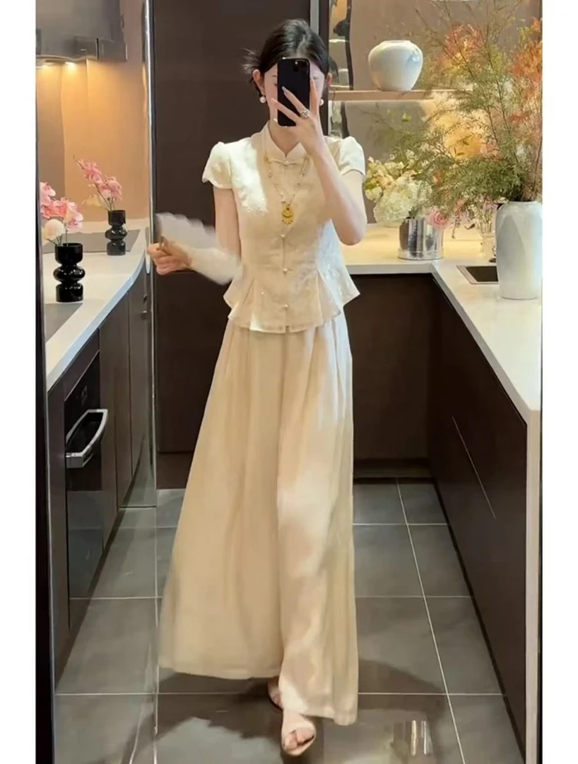 新中式国风禅意套装女夏季松弛感重工亮片刺绣上衣阔腿裤子两件套