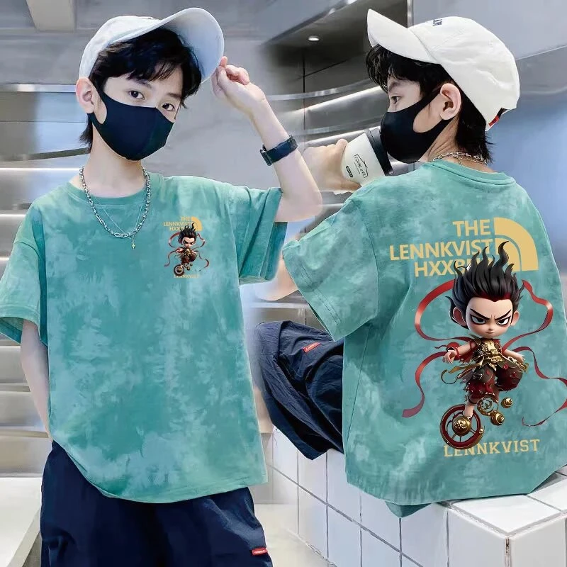 2025新款哪吒纯棉儿童扎染短袖t恤儿童夏装印花上衣男女宝宝体恤