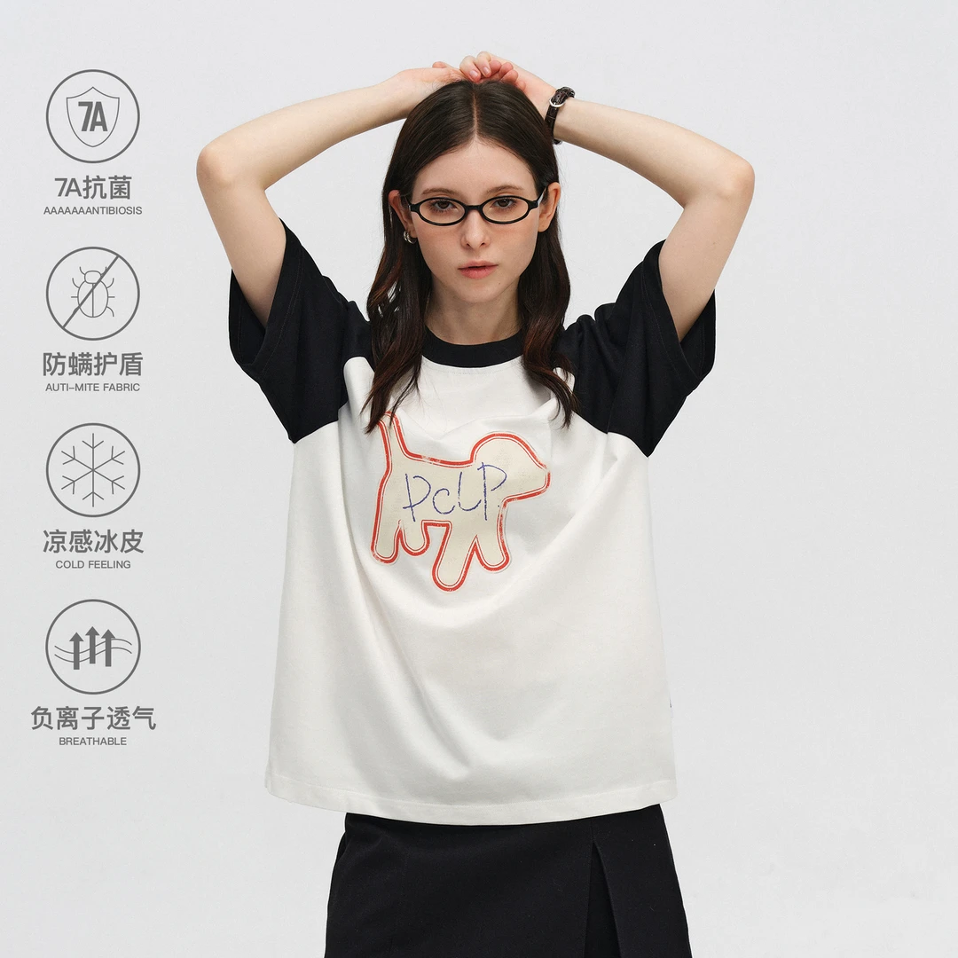 PCLP贴纸小狗T恤美式潮牌圆领打底衫夏季宽松T恤上衣