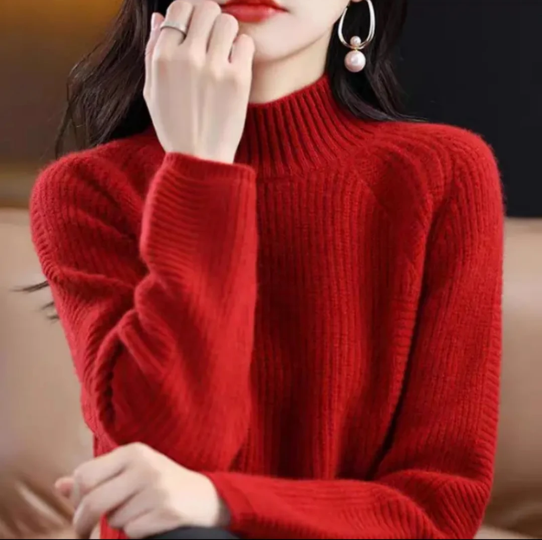 时尚软糯~100%纯羊毛气质半高领加厚元宝针插肩袖设计优雅针织衫